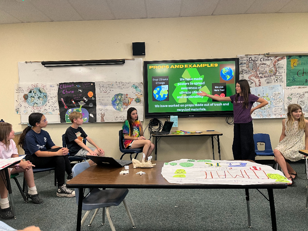 Students look at a presentation about recyclying
