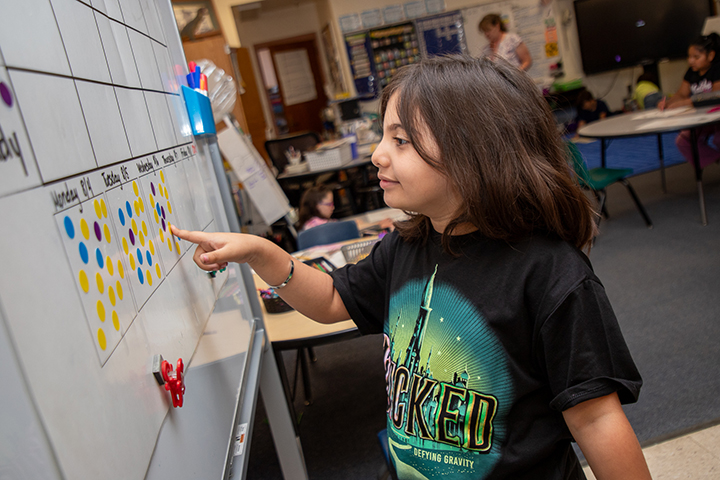 A boy points to a colorful circle on a whiteboard